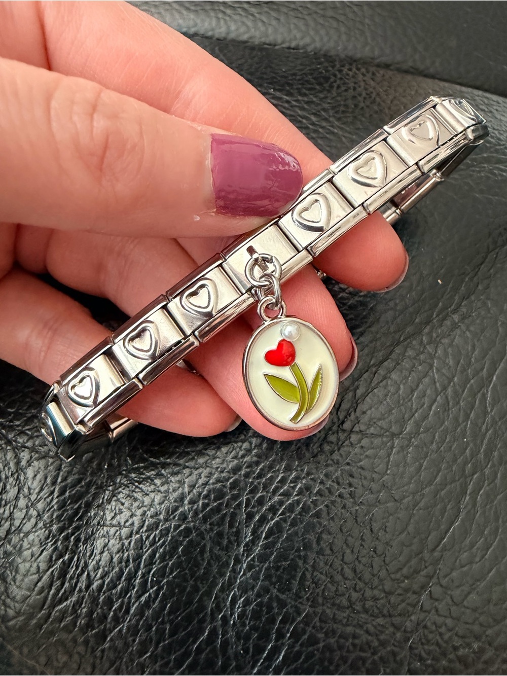 Silver Heart Italian Charm Bracelet with Red Tulip Dangle – 19 Links